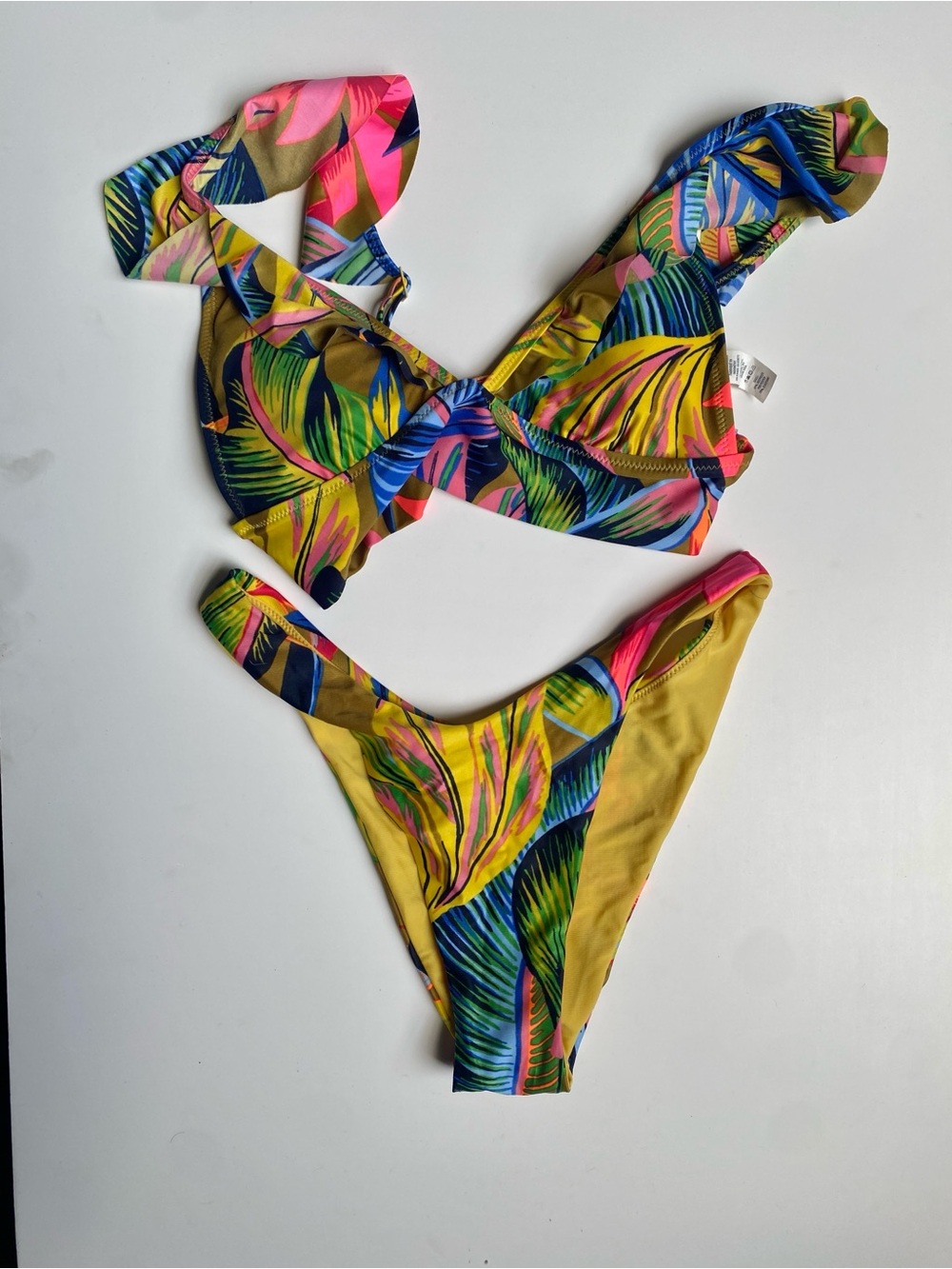 aerie Tropical Leaf Print Bikini in Yellow, Blue, Pink (S)